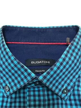 Bugatchi Classic Fit James Button Down Long Sleeve Shirt Blue Mini Check Cotton